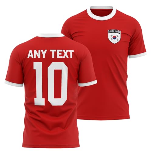 Image of South Korea Mens Ringer T Shirt - Korean Badge Custom Name Number Tee - Football Supporter Fan Top, S, Red/White