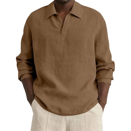 Camisas Hombre Lino Slim Fit Camisa Informal de Manga Larga, Color Liso, Holgada, con Cuello Abotonado, Cómoda, para Negocios, Estilo Relajado