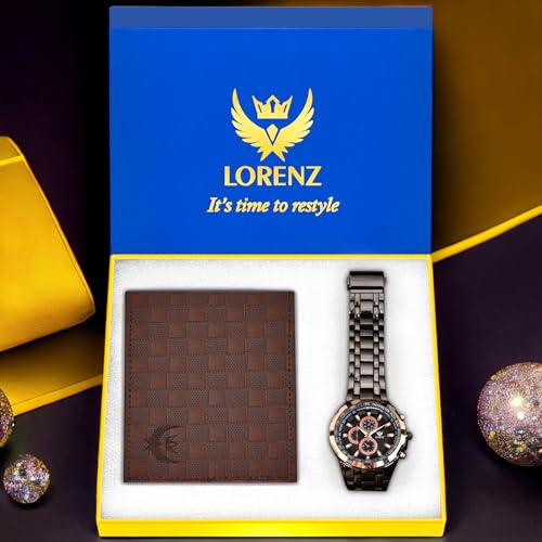 Image of Lorenz Watch and Wallet Combo for Men | Stainless Steel Analog Wristwatch with Leather Wallet | Gift Set Suitable for Birthday, Anniversary, Wedding, Festival, Office and Everyday Use