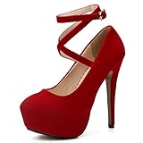 Women's Ankle Cross Strap Pumps Platform Stiletto High Heel Dress Shoes Red Velvet-14cm 40 - US 8