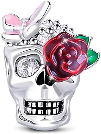 GNOCE Sugar Skull Charm for Bracelets S925 Silver Charm for Women fit US European Bracelets Necklaces (Rose Skull)