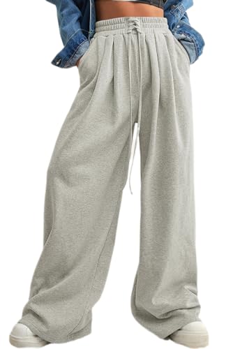 Aleumdr Woman Wide Leg Sweatpants Fall Winter Trendy Palazzo Baggy Pants High Waist Drawstring Track Pants with Pockets Gray Large