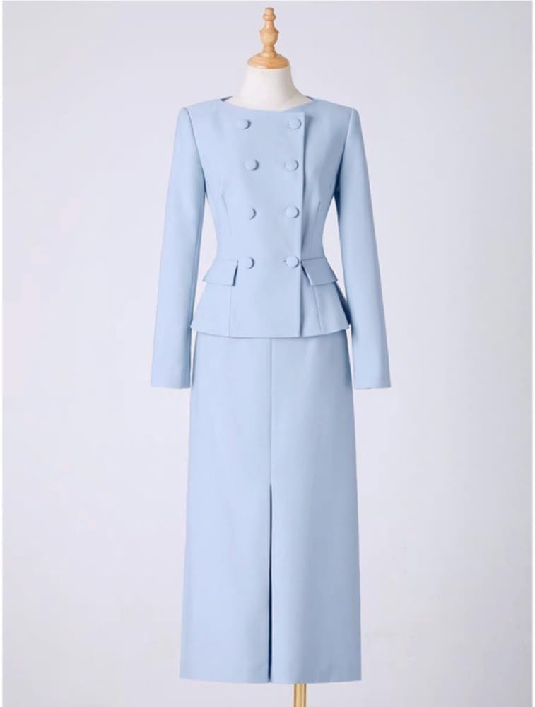 Ulnomio Women's Suit Jacket Pants Set Collarless Double Breasted Buttons Two Pieces for Work Office