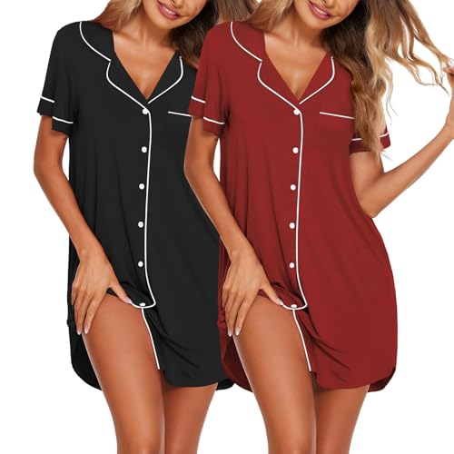 Image of Ekouaer Nightgowns for Women 2 Pack Button Down Sleepwear Short Sleeve Sleepshirts Soft Nightshirts Boyfriend Pajama Dress