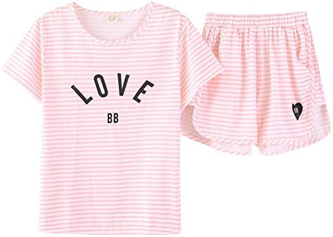 Jashe Tween/Teen Girl Stripe 2-Piece Cotton PJS Top& Shorts Summer Pajama Set Big Girls, White, 18