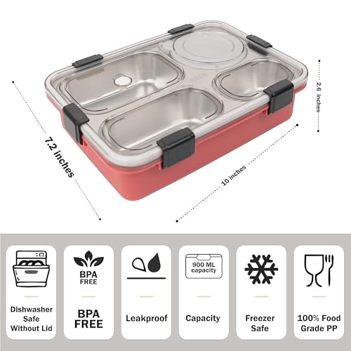 Image of Storescent Lunch Box with Compartment, Leak-Proof BPA Free Stainless Steel for School, Lunch Box for School & Office with a Fork, a Spoon and a Pair of Chopsticks (Red, 4 Compartment)