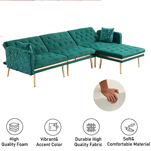 Pvillez Sectional Sofa Futon Sofa Bed Convertible Sleeper Sofa Couch W/Chaise Lounge,Ottoman L-Shape Convertible Couches For Living Room Button Tufted Back Velvet Couch W/Golden Legs #TOP5