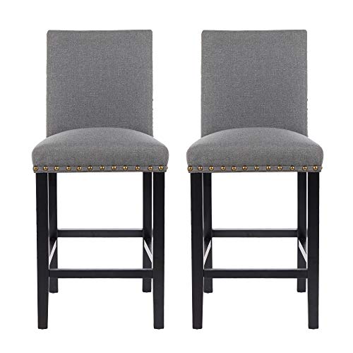 thksbought Set of 2 Bar Stools Nail Head Decoration 24 Inch Soft Cushions with Solid Wood Legs(Gray)