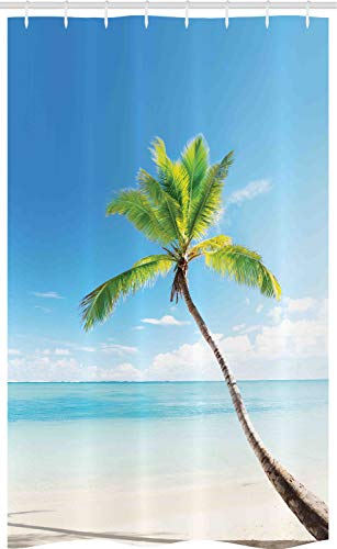ABAKUHAUS Wendekreis Schmaler Duschvorhang, Palmen auf der Karibik, Badezimmer Deko Set aus Stoff mit Haken, 120 x 180 cm, Beige Grün Blau