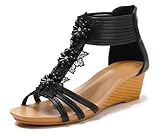 Lucky Bird Wedge Sandals for Women Summer Open Toe Fashion Dress Shoes Flower Rhinestone Casual Ankle Strap Platform for Walking Beach Vacation Comfortable Dressy Sandals(Black 8.5)
