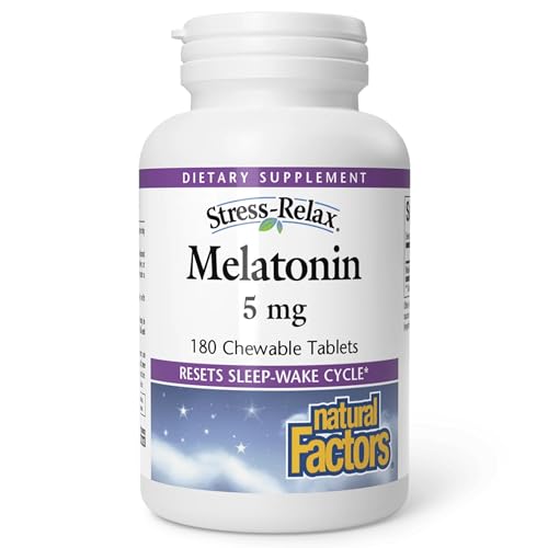 Stress-Relax Melatonin 5 mg by Natural Factors, Natural Sleep Aid, Resets the Sleep-Wake Cycle, 180 chewable tablets (180 servings), Peppermint Flavor