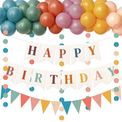 Kriyokiaa Retro Boho Happy Birthday Decorations Set with Groovy Rainbow Balloons, Happy Birthday Banner, Paper Flag, Circle Confetti Garland, Retro Birthday Party Decorations for Indoor Outdoor