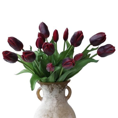 mizii 15Pcs Burgundy Tulips Artificial Flowers Latex Plastic Real Touch Fake Tulips Flowers Look Real Faux Tulip Flower Bouquet Decoration for Vase Room Table Centerpieces Home Decor (Burgundy)