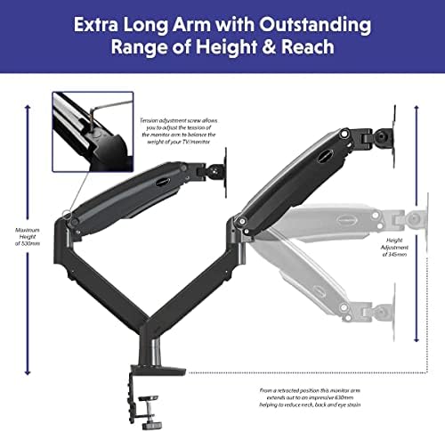 Invision Dual PC Monitor Arm Bracket Ergonomic Height Adjustable (Gas Assisted) Full Motion Long Arm Desktop Clamp Mount for 22-32 Screens Tilt & Swivel VESA 75mm & 100mm Weight 3kg to 12kg (MX900)