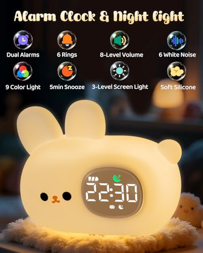 Yiliaw Réveil lapin pour enfants avec veilleuse, horloge d'entraînement au sommeil, réveil heure, lumière rechargeable en silicone pour chambre à coucher, compagnon de sommeil parfait pour garçons et – vue 2