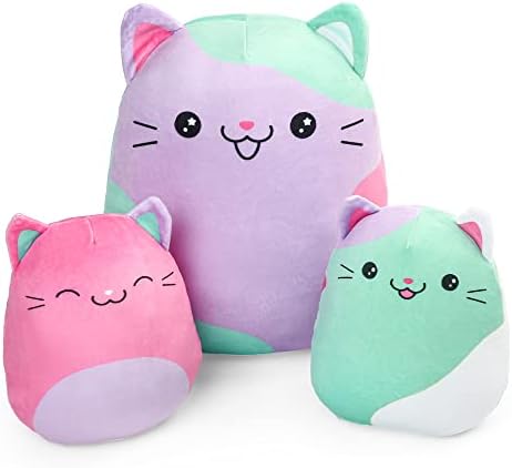 BenBen Cat Plush Pillow, Set of 3, 12'' and 7'' Squishy Kitty Stuffed Animal Toy Hugging Pillow, Soft Cushion Chirstmas Gift for Kids