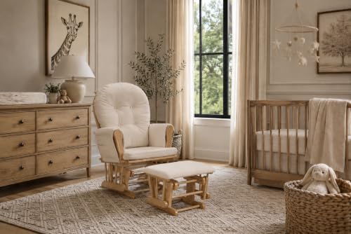 Image of Suite Bebe Mason Nursery Rocking Chair with Ottoman, Wooden Glider for Baby Nursing, Smooth Gliding Rocker, Natural Wood Finish and Beige Fabric