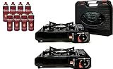 Set of 2 Portable Butane Gas Stoves & 8 pack Butane Canister Complete Set With Carrying Case - Full Stainless Steel Body Electronic Ignition for Outdoor Camping Tailgating Backyard