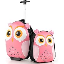 BABY JOY 2 Pcs Kids Luggage Set, 16" Rolling Suitcase w/ 12" Backpack, Airline Approved for Girls & Boys Children Toddlers, Kids Carry On Luggage with Wheels Owl