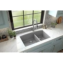 Karran QU-711 32" Undermount Quartz Composite Kitchen Sink, 60/40 Double Bowl, Rear Drain, Heat & Scratch Resistant, Easy Clean, Grey
