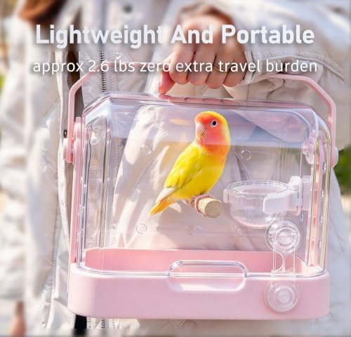 Bird Carrier, Portable Small Bird Parrot Parakeet Carrier with Standing Perch, Mesh Tray and Food Bowl, Full Clear View, Acrylic Bird Cage (Pink) — 사진 4