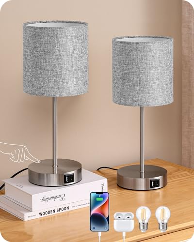 EDISHINE Bedside Lamps Set of 2, 3-Way Dimmable Touch Lamps with USB A+C Charging Ports, Grey Linen Shade, Table Lamps for Living Room, Bedroom, LED Bulbs Included, E27 Socket