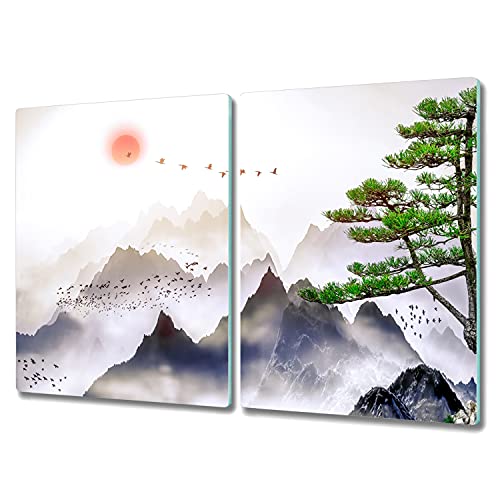Coloray Planche à découper Induction Cuisson 2x40x52cm Protection Plaque Tapis de Découpe Avec Une Image Impression Verre Trempé Verre de Sécurité - arbre soleil brouillard montagne