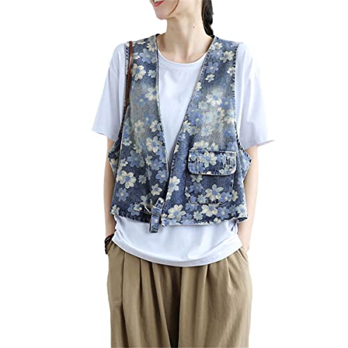 Gilet d'été en denim floral pour femme au style rétro et coupe ample