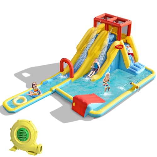 RELAX4LIFE Castello Gonfiabile 622x335x225cm con Doppio Scivolo, Parete da Arrampicata e Canestro da Basket, Parco Acquatico all'Aperto, per Bambini dai 3 Anni in Su (Con soffiatore)