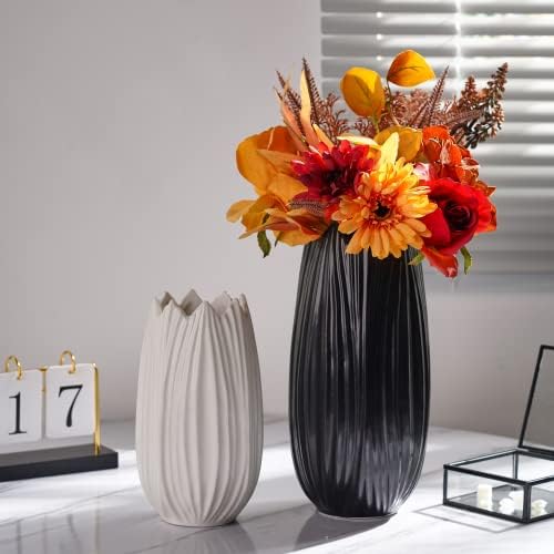 TERESA'S COLLECTIONS 2 PCS Black White Ceramic Vase for Flowers, Modern Large Tall Vases for Pampas Grass, Decorative Pottery Vase with Leaves Shape for Home Decor, Living Room and Mantel, 21cm/28cm