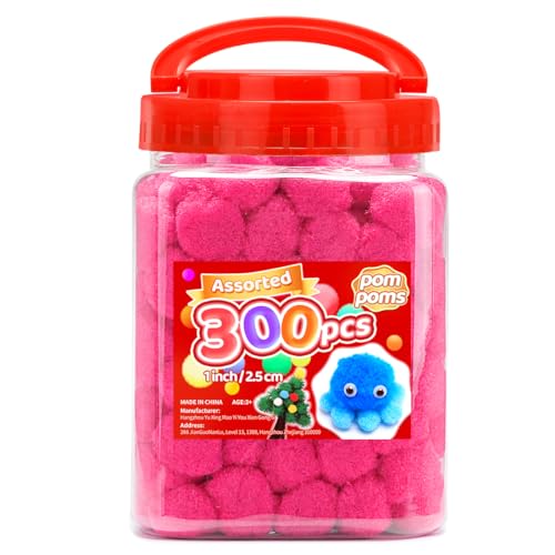 Image of Iooleem Pink Pom Poms, 300pcs 1inch, Pom Poms for Arts and Crafts, Pom Pom Balls, Craft Pom Poms.