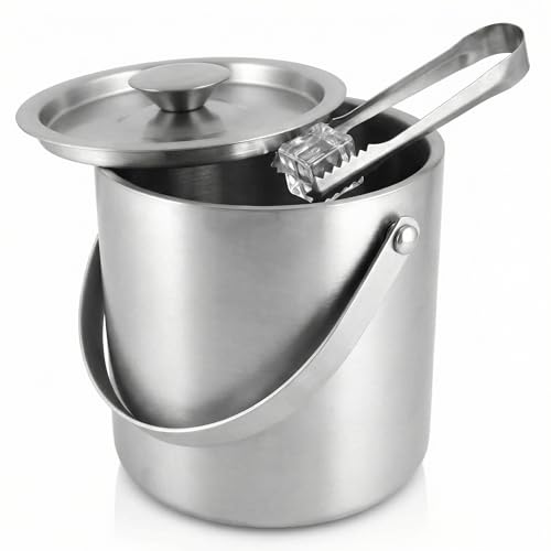 QWORK® Cubitera de Acero Inoxidable 3L 304 con Doble Pared, Tapa y Pinzas para Hielo, Ideal para Bares en casa, Fiestas y Servicio de cócteles