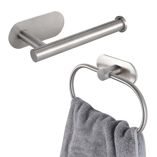 Eolax Porte-rouleau de papier toilette/anneau porte-serviettes, accessoires de salle de bain sans perçage, porte-papier toilette adhésif en acier inoxydable et porte-serviettes, montage mural, nickel