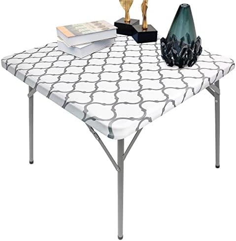 NEWISHER Square Fitted Table Cover Gray Pattern Cocktail Topper Spandex Stretchable Table Top Tablecloth 34 x 34 Inch