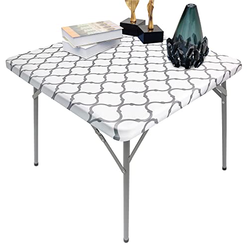Newisher Square Fitted Table Cover Gray Pattern Cocktail Topper Spandex Stretchable Table Top Tablecloth 34 X 34 Inch #TOP4