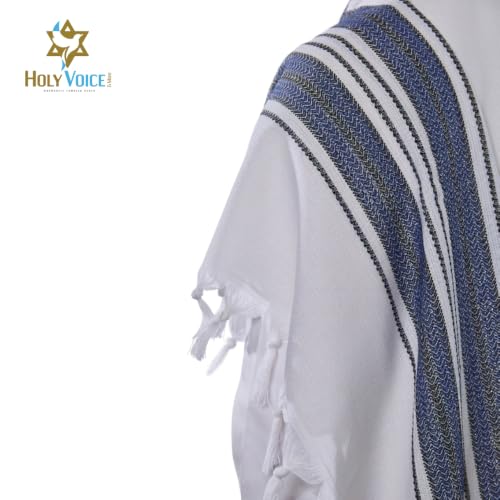 Image of HOLY VOICE 100% Wool Tallit Prayer Shawl Kosher Certified White with Stripes for Men, Made in Israel w / 100% Wool Tzitzit