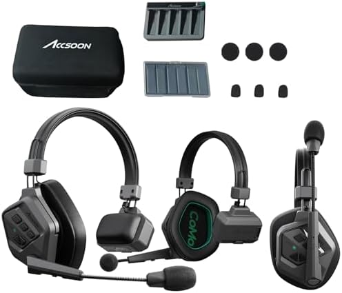 Accsoon Como Ⅱ Sistema de intercomunicación de auriculares inalámbricos Full Duplex 150Hz - 7kHz 1312ft Rango Equipo Comunicación Grupo Talk, 10H con ENC y cancelación de ruido AI para filmar Disparar