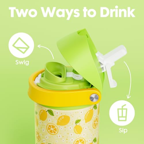 Image of 18 oz Stainless Steel Water Bottle for Kids: Meoky Insulated Water Bottle with 2-in-1 Straw and Spout Lid - Leak Proof, Cold for 24 Hours, BPA-Free for Boys Girls School Backpacks Sports, Sunny Lemons