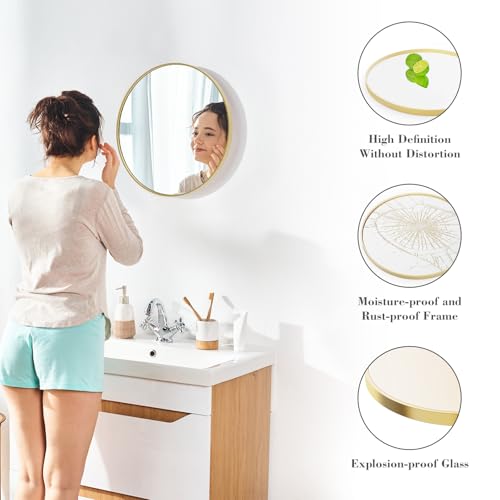 Image of Sweetcrispy 20 Inch Round Wall Mirror with Tempered Glass, Bathroom Mirror Over Sink, Anti-Fog & Waterproof Round Mirrors for Bathroom, Entryway, Bedroom, Shatterproof Design, Gold