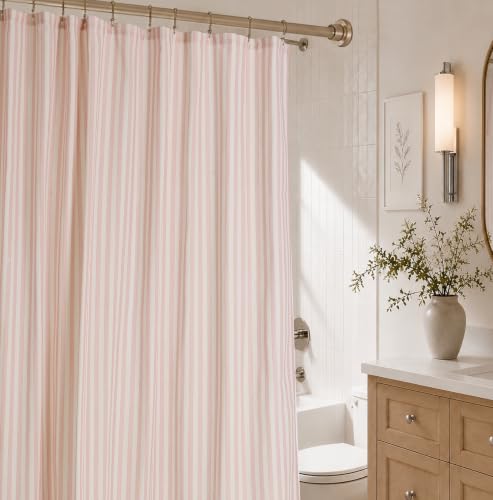 Vintage Pink Striped Fabric Shower Curtain for Bathroom, Rustic Farmhouse Cotton Blend Cloth Shower Curtain, Boho French Country Cottagecore Style, Non-Waterproof Decorative Curtain, 72x72 Inches
