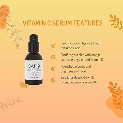 Sapo All Natural Vitamin C Serum - Exfoliating, Nourishing & Skin Brightening - Made With Hyaluronic Acid, Chamomile, Carrageenan, Orange Extract & Citrus Oil - 1 Fl Oz #TOP3