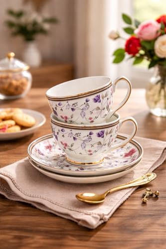 Image of Bone China Gold Line Flower Cup with Saucer Set of 12 Pcs | Tea /Coffee Cups 200 ml | Microwave & Dishwasher Safe | Bone-Ash Free | Crockery Set Gift Set Ideal for Daily Use