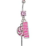 14G Belly Ring Pink CZ Gem 316L Surgical Steel Suck It Dangle Belly Button Rings Pink Lollipop Dangle Sexy Letters Belly Piercings Jewelry 7/16' (11mm)