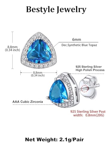 Bestyle CZ Trilion Diamond Stud Earrings 5mm December Blue Topaz Birthstone Solitaire Earrings, 925 Sterling Silver Earrings Jewelry Gift for Wedding Anniversary Birthday - Thumbnail 4