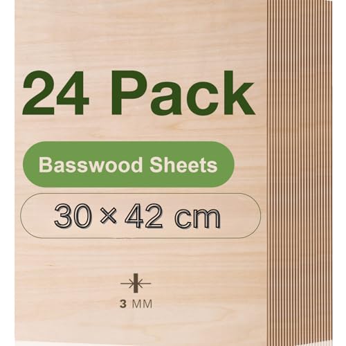 ROBOTIME Tablero Madera Contrachapada 3mm A3 30×42cm 24 Piezas Linden Tablero de Madera a Medida Para Bricolaje,Pirograbado Corte por Laser CNC Router Modelado