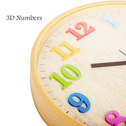 Topkey 12” Wooden Look Wall Clock Silent Non-Ticking 3D Numbers Colorful Decorative Round Clock For Living Room, Bedroom And Office Battery Not Included - Light Brown #TOP2