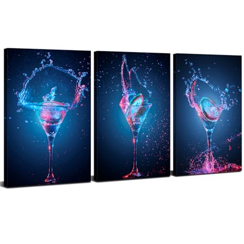 3 Piece Wine Wall Art for Kitchen and Bar Decor - Modern Cocktail Pictures, Blue Glass Prints for Dining Room, Still Life Cups Poster for Pub Home Decorations 12x16