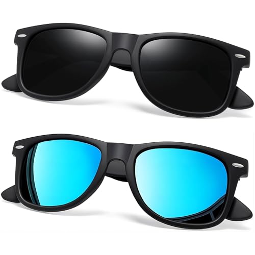 Joopin Polarized Sunglasses for Men Women Trendy Classic Retro Square Mens Sunglasses UV Protection 2 Pack for Driving Fishing Cycling(Matte Black + Mirrored Blue)