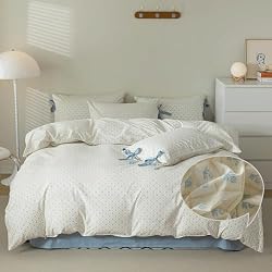 VM VOUGEMARKET White Blue Comforter Set Queen with Flower Plaid Prints,3 Pieces Cottagecore Bedding Set,Aesthetic 1 Comforter with 2 Bowknot Pillowcases for Girls Women 90x90 Inch