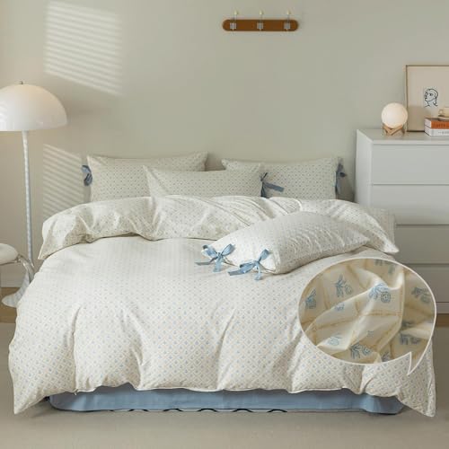 VM VOUGEMARKET Full Duvet Cover with Blue Flower Prints,100% Cotton Bedding Set,Yellow Plaid Grid Comforter Cover with Zipper Closure,80x90 Inch